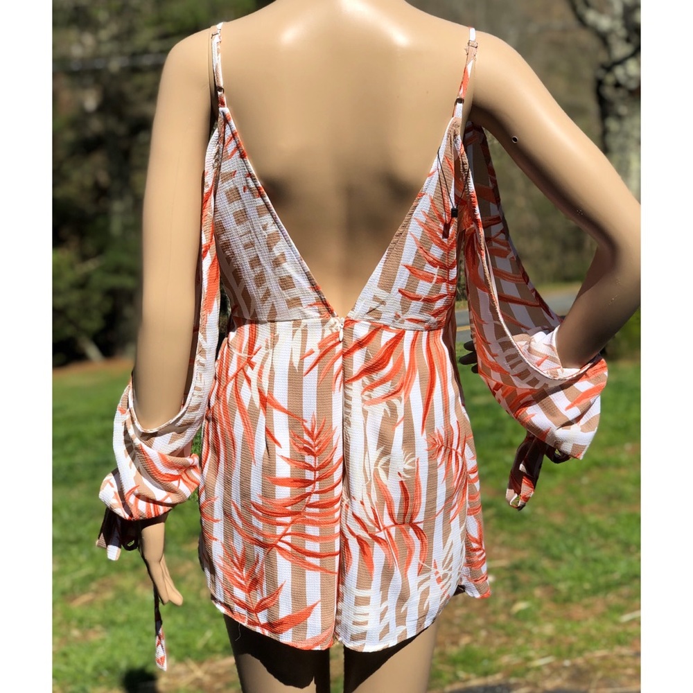 . JLUXLABEL Palm Leaf Rust & Ivory Striped Zip Up Wrap Deep V-Neck Romper - Picture 8 of 12